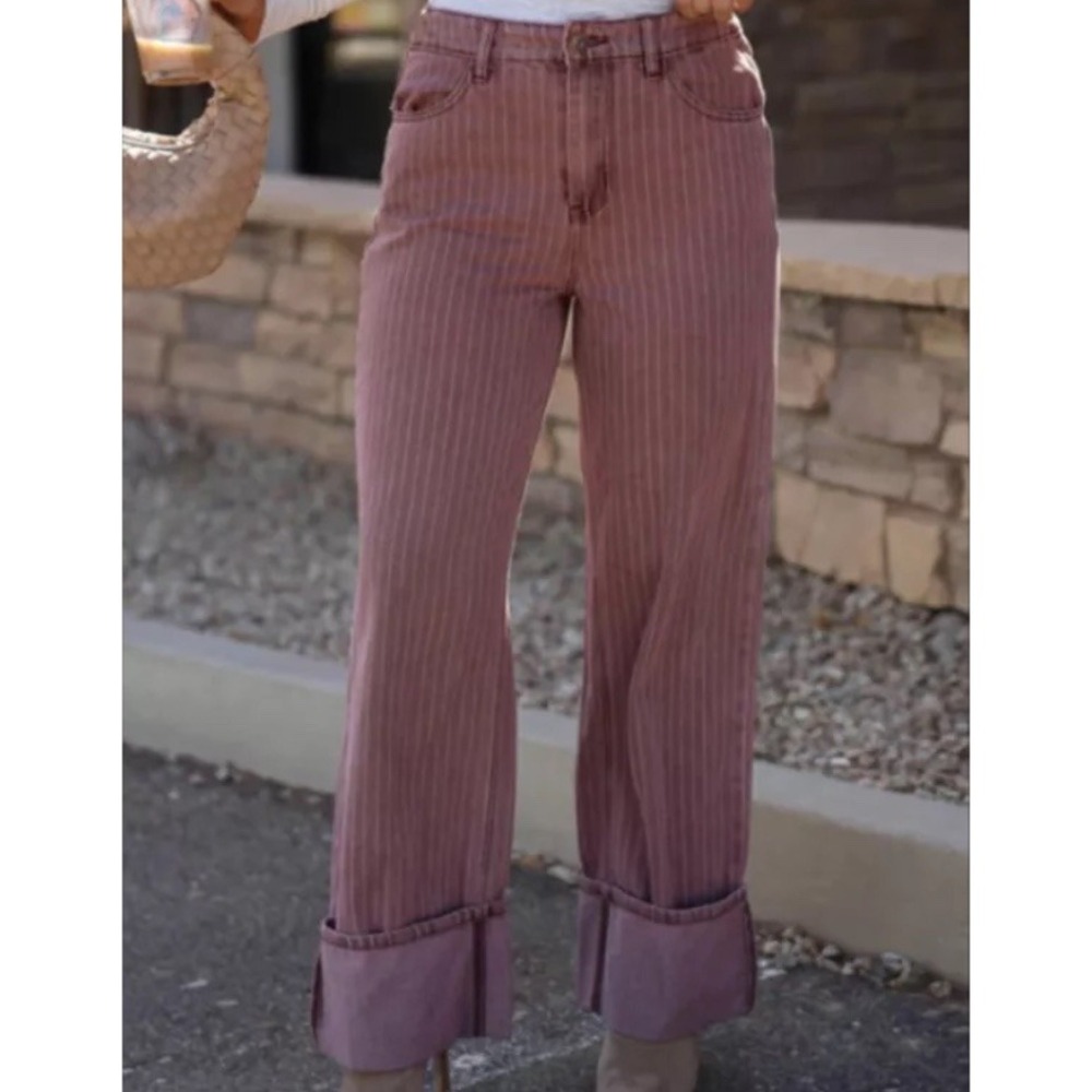 Sunday Edition Womens Wide Leg Pinstripe Jeans Mauve High Rise Cuffed Small‎